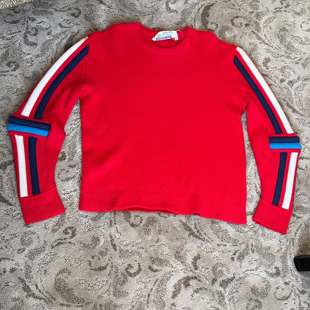 Vintage Red Women's Sweater with Striped Sleeves